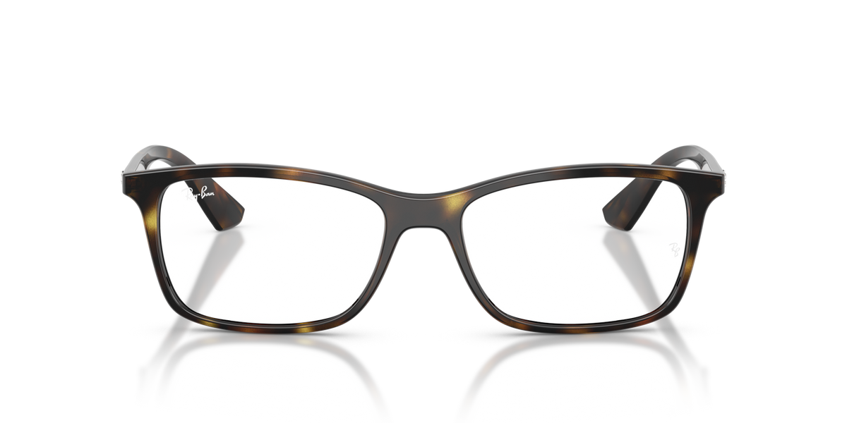Havana brown rectangular eyeglass frames with clear lenses and angular dark temples