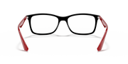 Black rectangular prescription frames with red temple accents (front view)