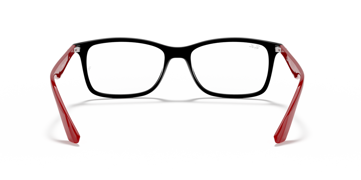 Black rectangular prescription frames with red temple accents (front view)