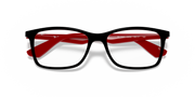 Black rectangular prescription frames with red lens insert panels