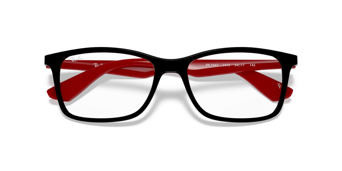 Black rectangular prescription frames with red lens insert panels