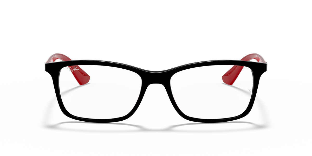 Black rectangular prescription frames with red temple tips and red accents
