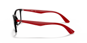 Red and black temple arms on rectangular prescription frames (side view)