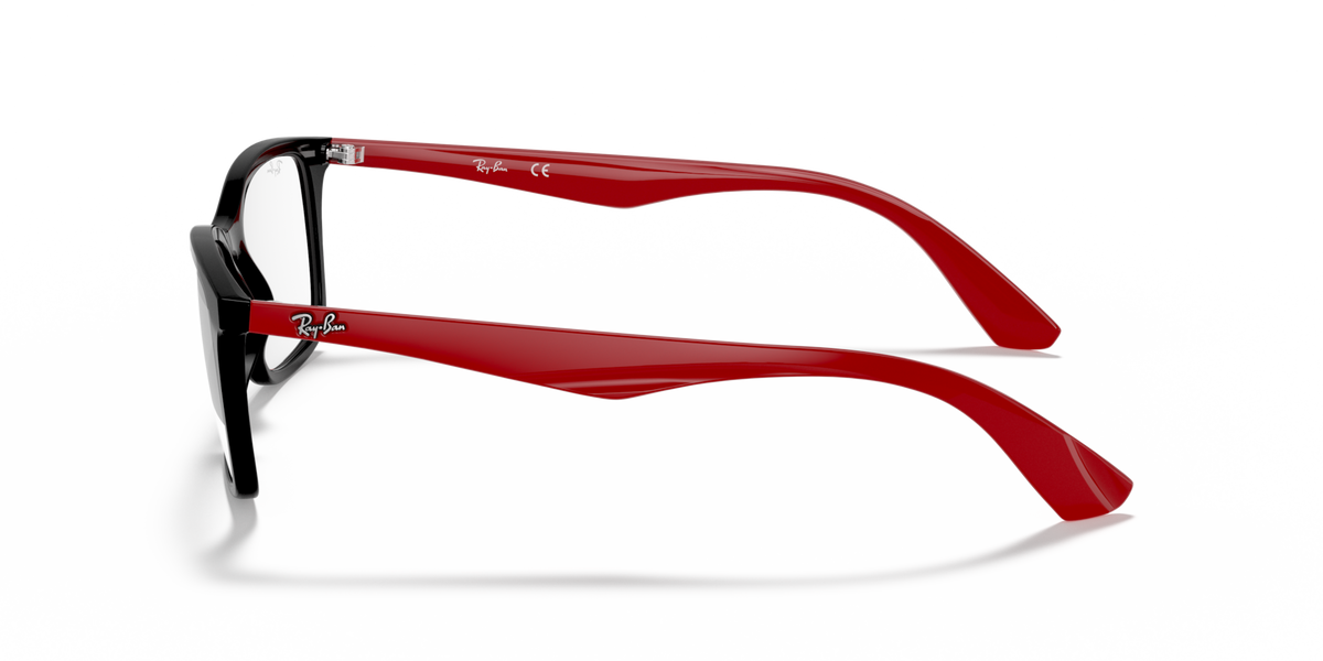 Red and black temple arms on rectangular prescription frames (side view)