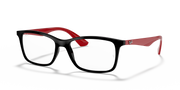 Black prescription frames with red temple accents and red inner lens areas
