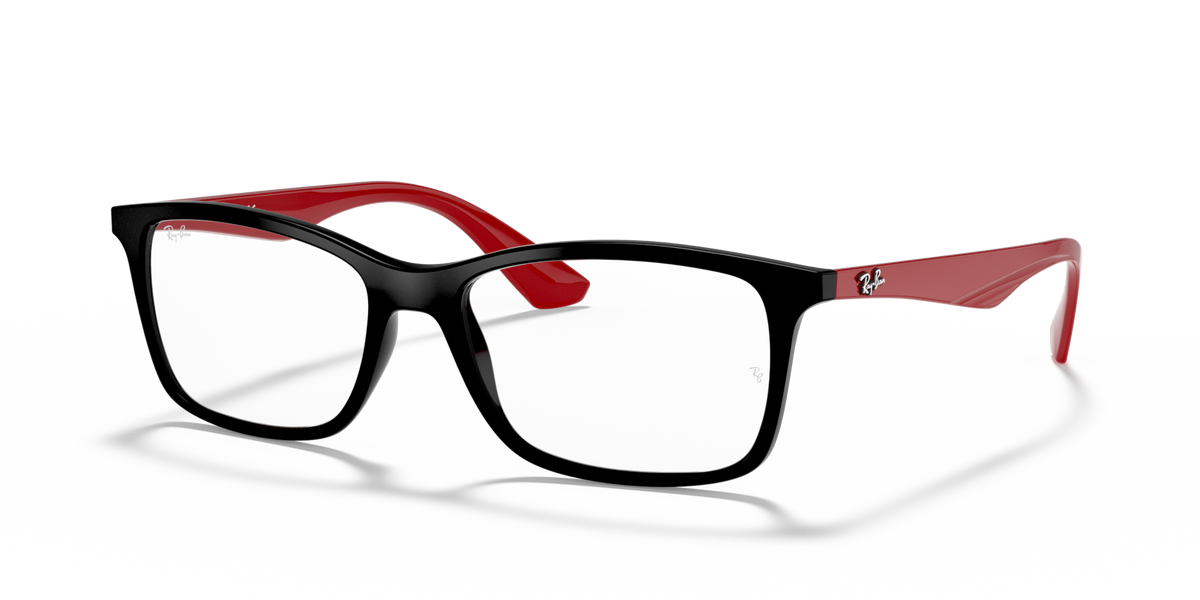 Black prescription frames with red temple accents and red inner lens areas