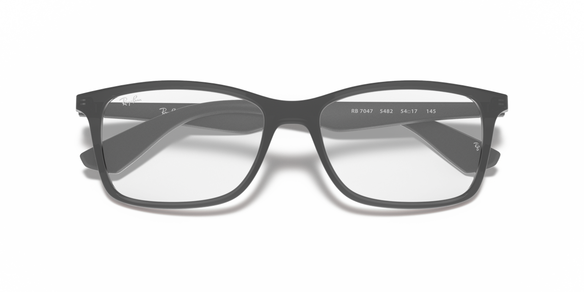 Ray-Ban RX7047 prescription frames in dark gray, front view with printed size markings