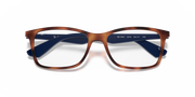 Havana eyeglass frames with blue-tinted inside arms, top front view