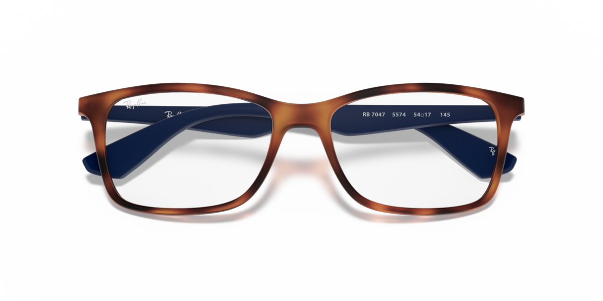 Havana eyeglass frames with blue-tinted inside arms, top front view