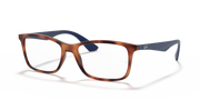 Havana eyeglass frames with dark blue temples and rectangular lenses