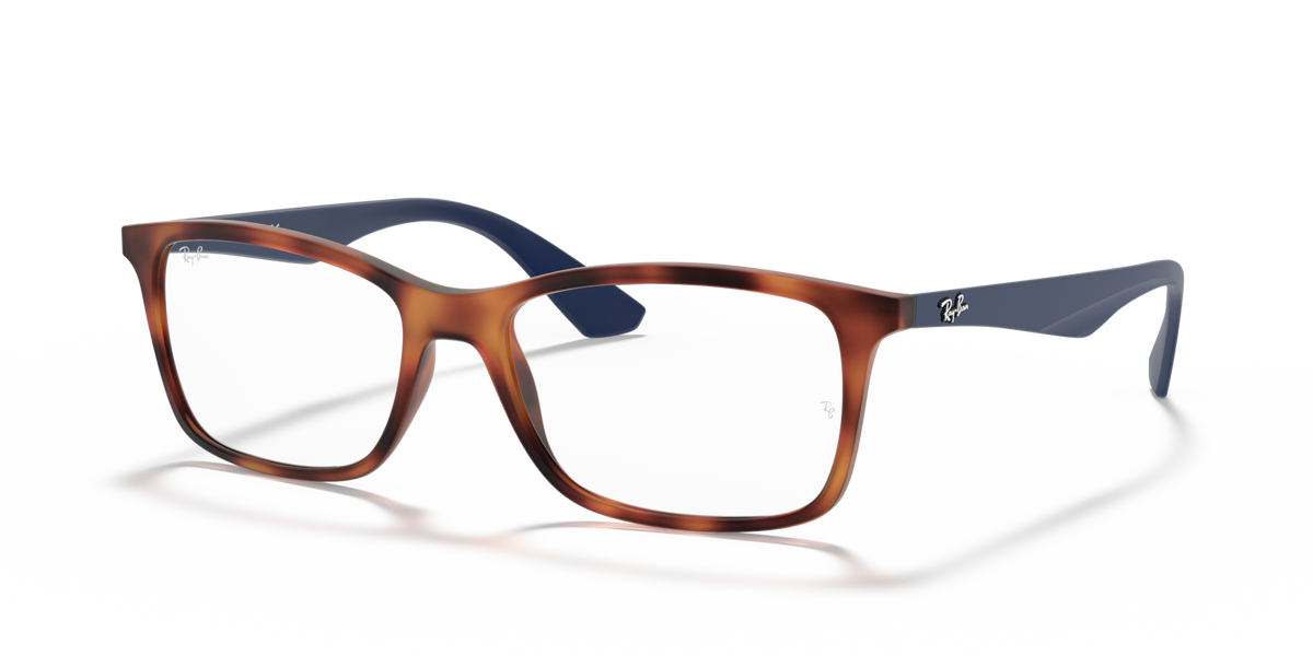 Havana eyeglass frames with dark blue temples and rectangular lenses