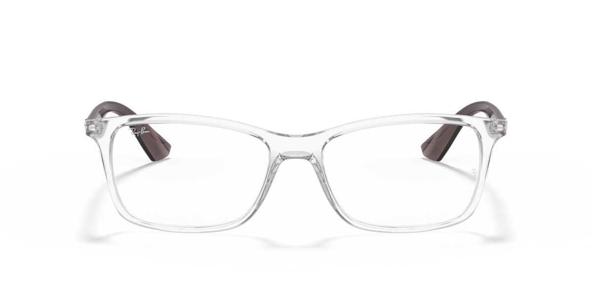 Clear rectangular prescription frames with dark brown temple tips