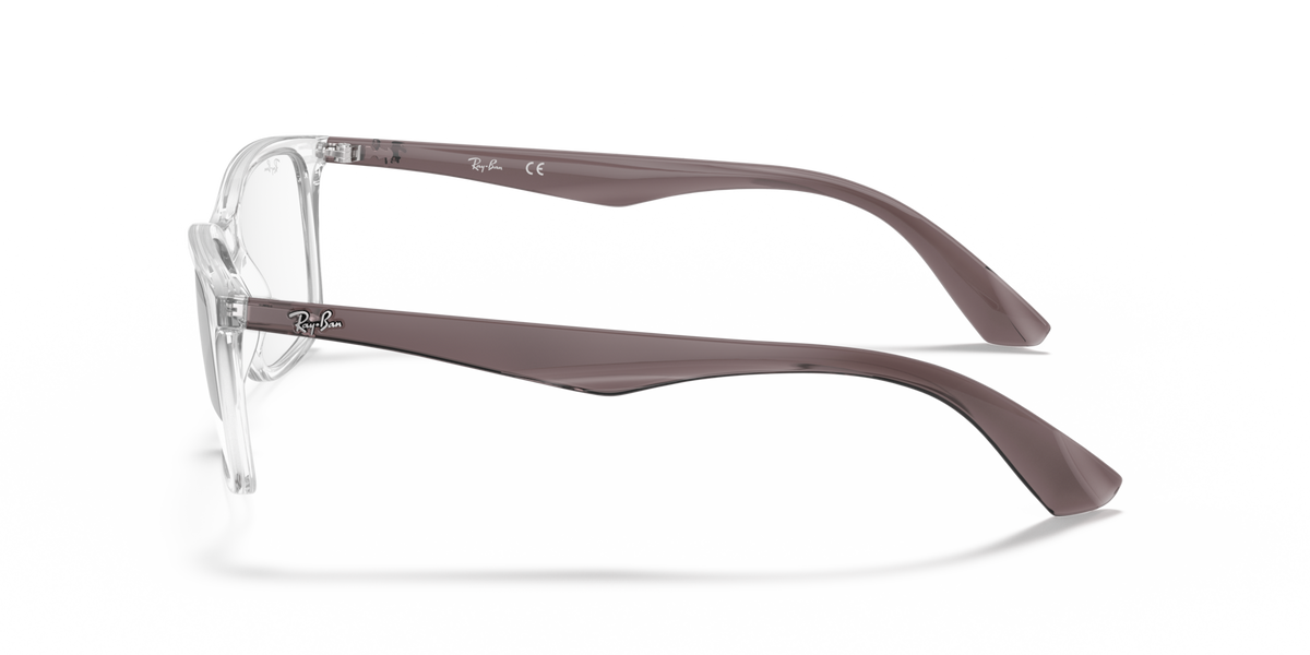 Clear and dark brown striped temple arms on rectangular prescription frames (side view)