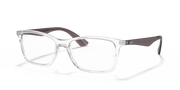 Clear rectangular prescription frames with dark brown temple arms and tips