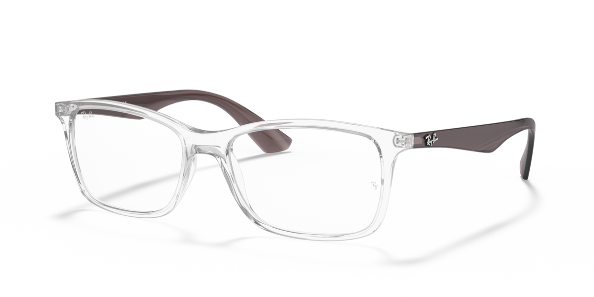Clear rectangular prescription frames with dark brown temple arms and tips