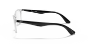 Transparent rectangular prescription frames with black arms and hinge detail