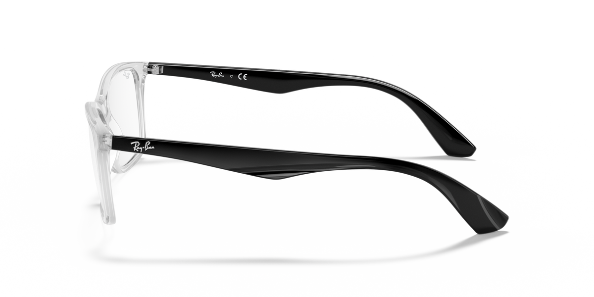 Transparent rectangular prescription frames with black arms and hinge detail