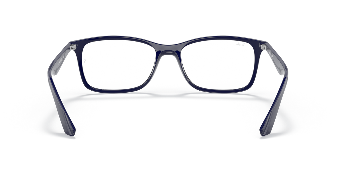 Blue rectangular eyeglass frames with prominent dark outline and clear lenses