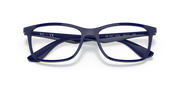 Blue rectangular eyeglass frames with clear lenses and dark temple details