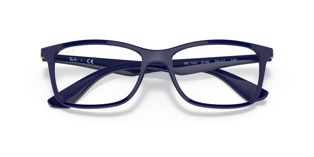 Blue rectangular eyeglass frames with clear lenses and dark temple details