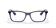 Blue rectangular eyeglass frames with thick rims and clear front lenses