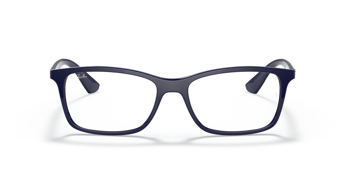 Blue rectangular eyeglass frames with thick rims and clear front lenses