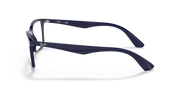 Blue full-rim eyeglass frames in side profile with slim metal-like temples