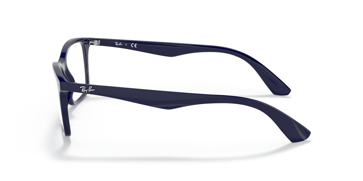Blue full-rim eyeglass frames in side profile with slim metal-like temples