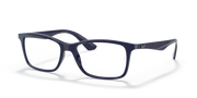 Blue rectangular eyeglass frames with dark temples and full-rim clear lenses