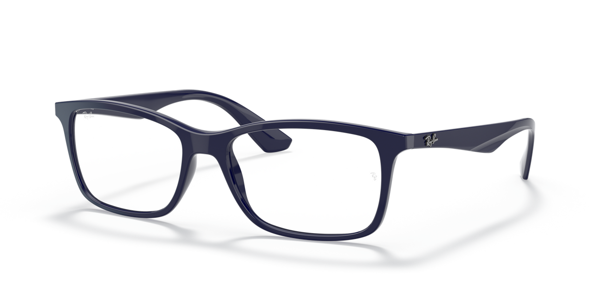 Blue rectangular eyeglass frames with dark temples and full-rim clear lenses
