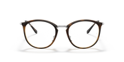 Ray-Ban prescription eyeglass frames, round havana-brown rims with clear arms and nose bridge