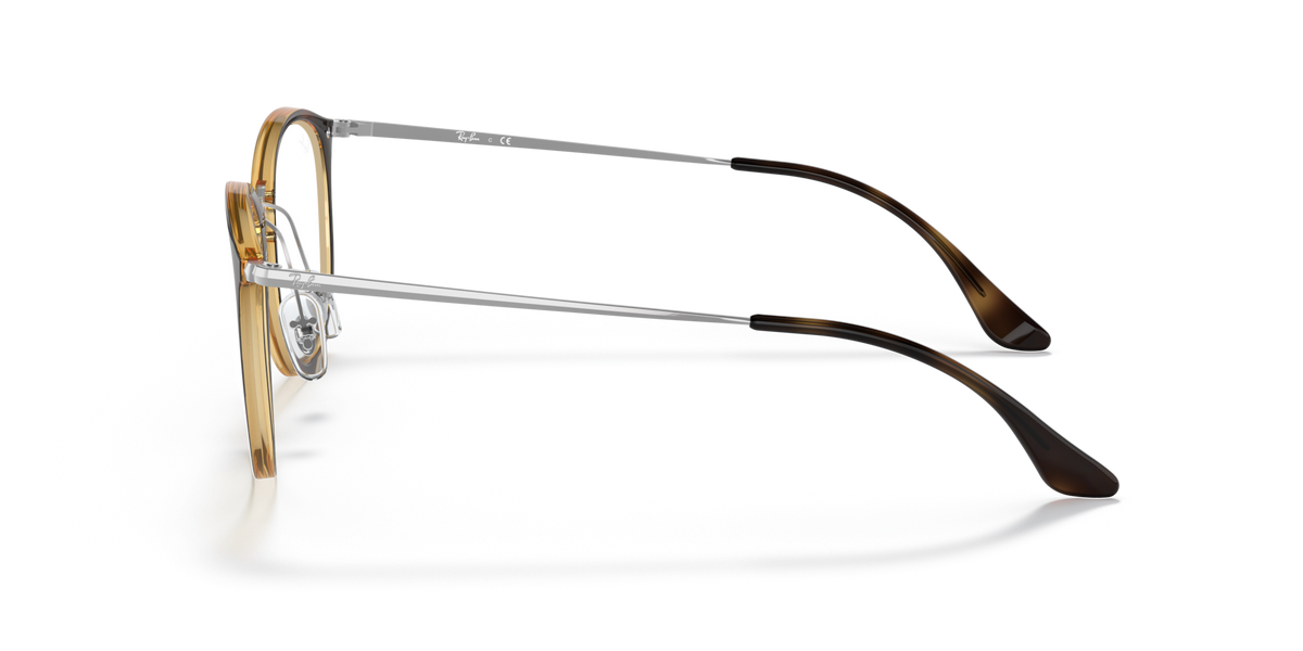 Ray-Ban round eyeglass frames, side view with havana-brown rim and metal hinge details