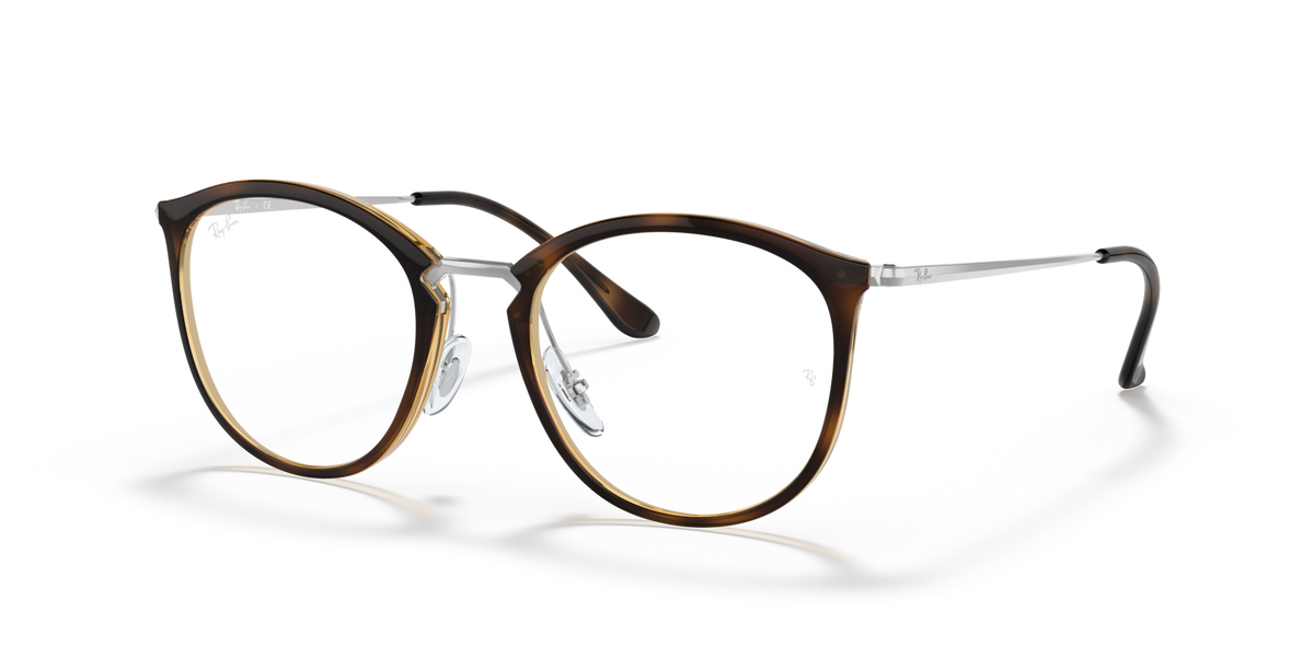 Ray-Ban prescription eyeglass frames, round with havana-brown front and clear temples