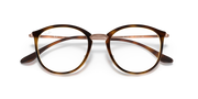 Ray-Ban round eyeglass frames, angled view showing havana-brown front and metal bridge