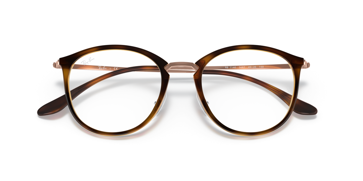 Ray-Ban round eyeglass frames, angled view showing havana-brown front and metal bridge