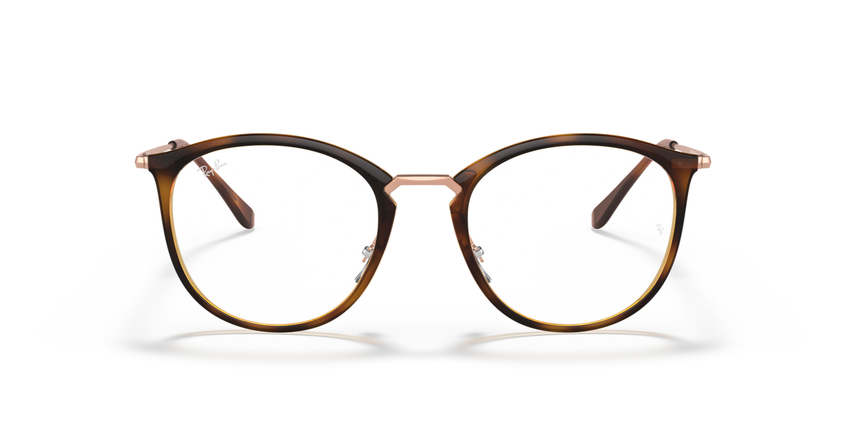 Ray-Ban prescription eyeglass frames, front 3/4 view with round havana-brown rims
