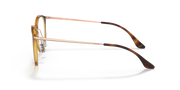 Ray-Ban round eyeglass frames, side view with clear arms and havana-brown rim