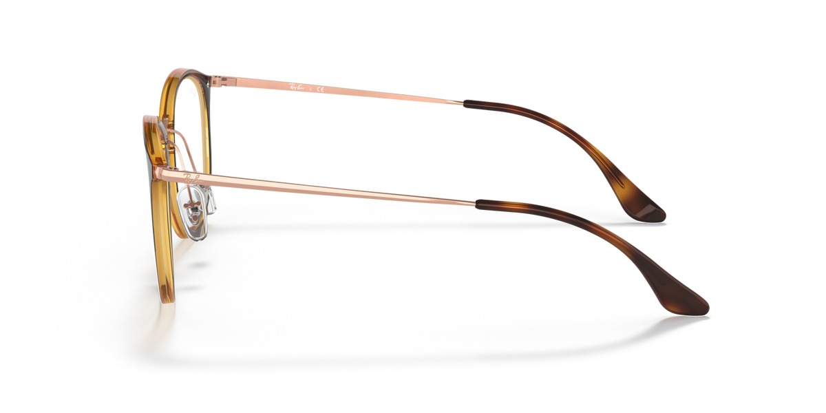 Ray-Ban round eyeglass frames, side view with clear arms and havana-brown rim