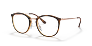 Ray-Ban prescription eyeglass frames, front 3/4 view in havana-brown with clear temples