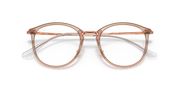 Prescription eyewear frames, transparent light brown with metal accents, front view