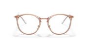 Prescription eyewear frames, transparent light brown with rose-gold metal, straight front view