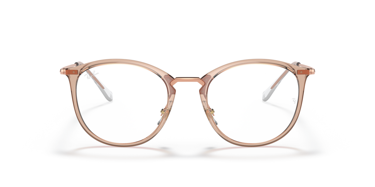 Prescription eyewear frames, transparent light brown with rose-gold metal, straight front view