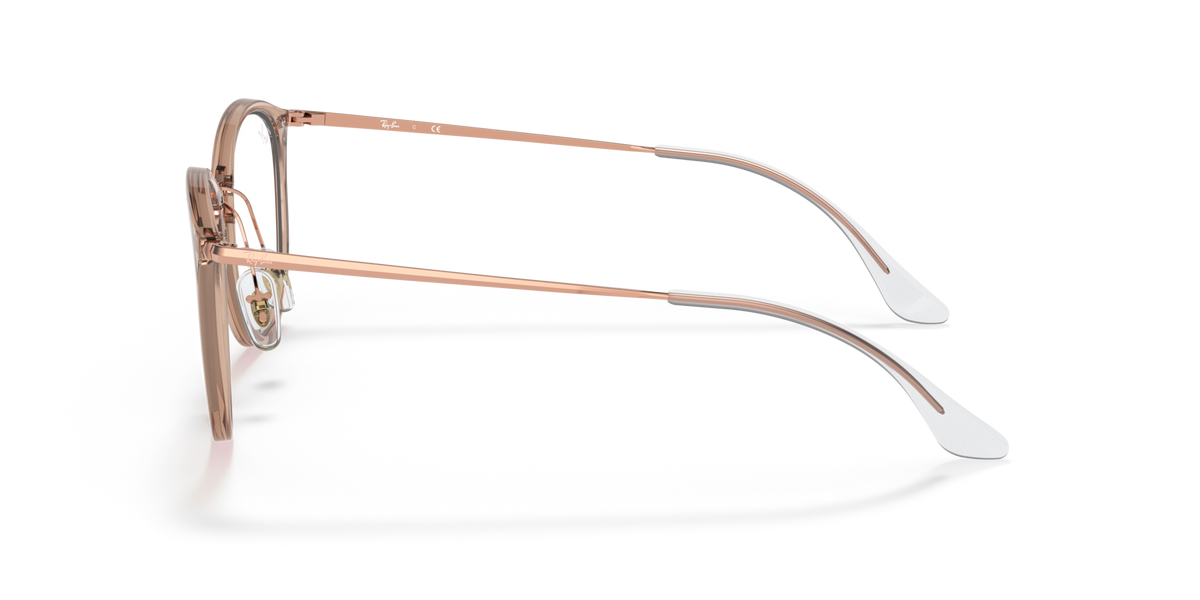 Prescription eyewear frames, transparent light brown with rose-gold metal, side profile