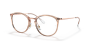 Prescription eyewear frames, transparent light brown with rose-gold metal, front view