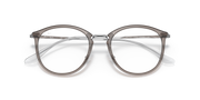 Prescription eyewear frames, transparent grey with dark metal, front view