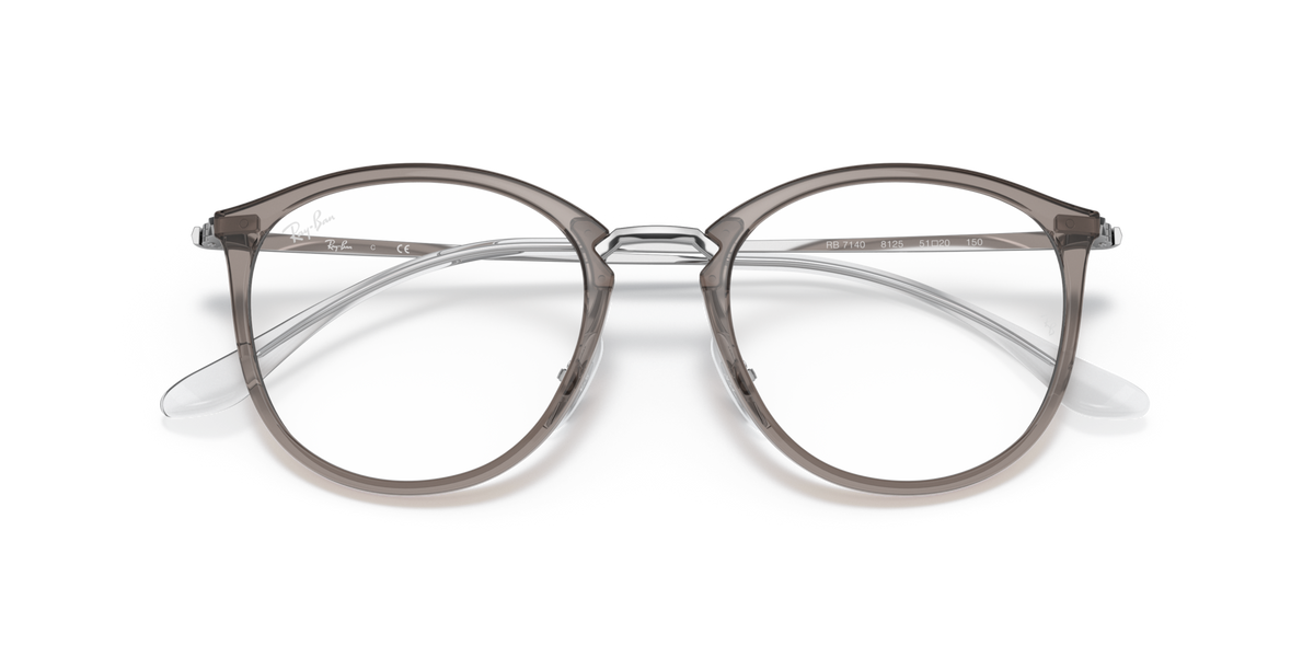 Prescription eyewear frames, transparent grey with dark metal, front view