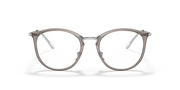 Prescription eyewear frames, transparent grey with dark metal, front view