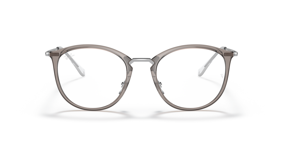 Prescription eyewear frames, transparent grey with dark metal, front view