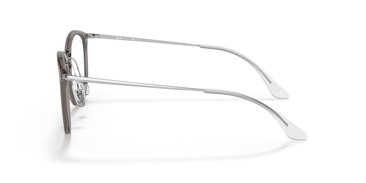 Prescription eyewear frames, transparent grey with dark metal, side profile
