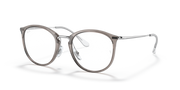 Prescription eyewear frames, transparent grey with dark metal, side profile